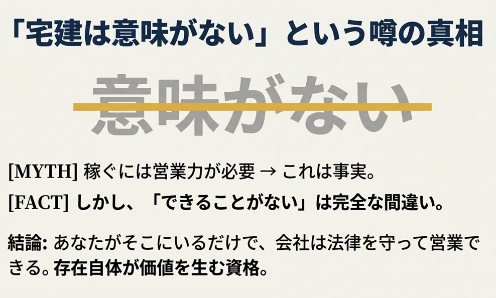 「宅建は意味がない」というテキストに取り消し線が引かれている画像。MYTH(誤解)とFACT(事実)を対比させ、存在自体が価値を生む資格であると結論付けているスライド