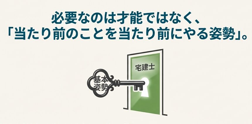 「必要なのは才能ではなく、『当たり前のことを当たり前にやる姿勢』。」という文字と、基本姿勢という鍵で宅建士への扉を開けるイラスト。