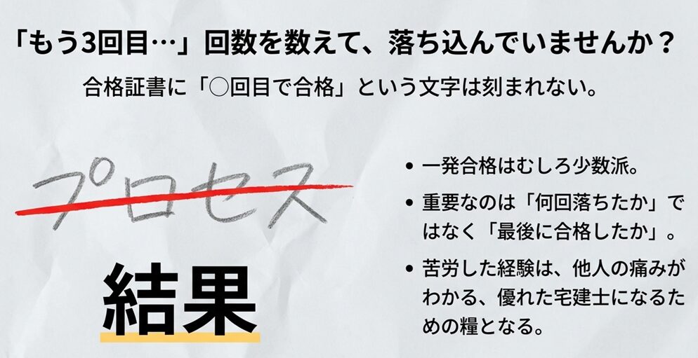 「プロセス」という文字に×印がつき、「結果」が強調されている図。「もう3回目…」と落ち込む受験生に対し、合格証書に回数は刻まれないこと、一発合格は少数派であることを伝えるスライド