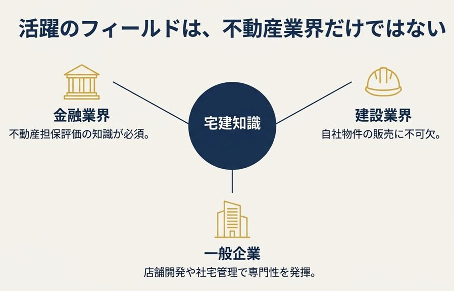 活躍のフィールドは不動産業界だけではない。金融業界、建設業界、一般企業の3つの分野と宅建知識の関係を示す図解