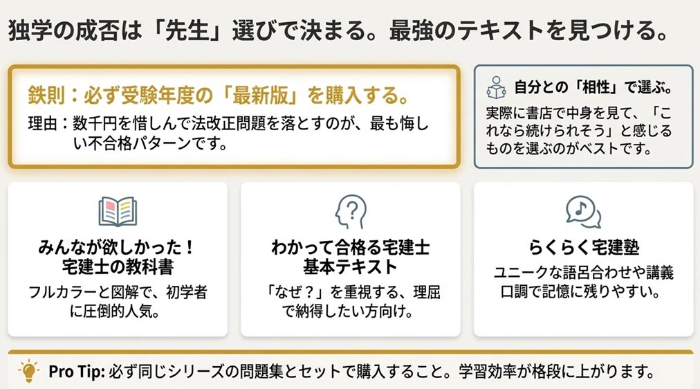 宅建業法、法令上の制限・税その他、権利関係(民法)の3つの科目を、短期合格のための戦略的優先順位として目標点と理由を添えて解説したスライド
