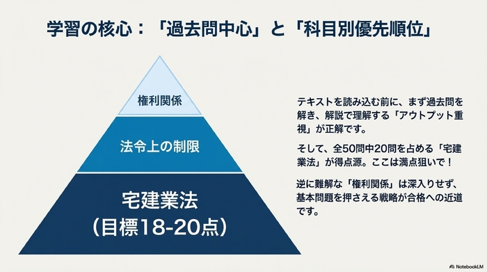 宅建業法を最重要とした、科目ごとの優先順位と目標点数を示すピラミッド図