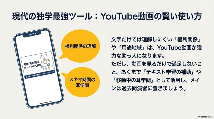 スマートフォンで宅建の講義動画を視聴し、学習の補助として活用しているイメージ