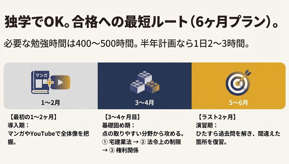 宅建独学合格のための6ヶ月学習プラン。導入期・基礎固め期・演習期のスケジュール図