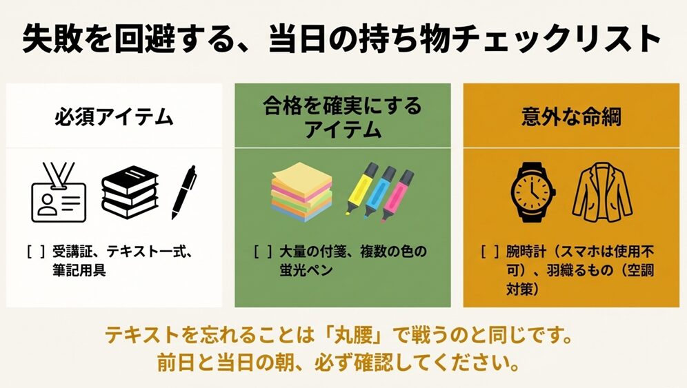 失敗を回避する当日の持ち物リスト。必須アイテム(受講証など)、合格を確実にするアイテム(付箋など)、意外な命綱(腕時計など)の一覧。