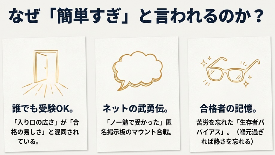 なぜ「簡単すぎ」と言われるのか?誰でも受験OK、ネットの武勇伝、合格者の記憶(生存者バイアス)