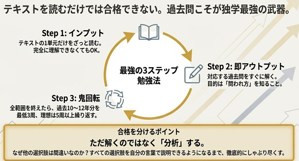 「テキストを読むだけでは合格できない。過去問こそが独学最強の武器。」というタイトルと、テキストの「インプット」→過去問で「即アウトプット」→「鬼回転」という「最強の3ステップ勉強法」が図で示されたスライド