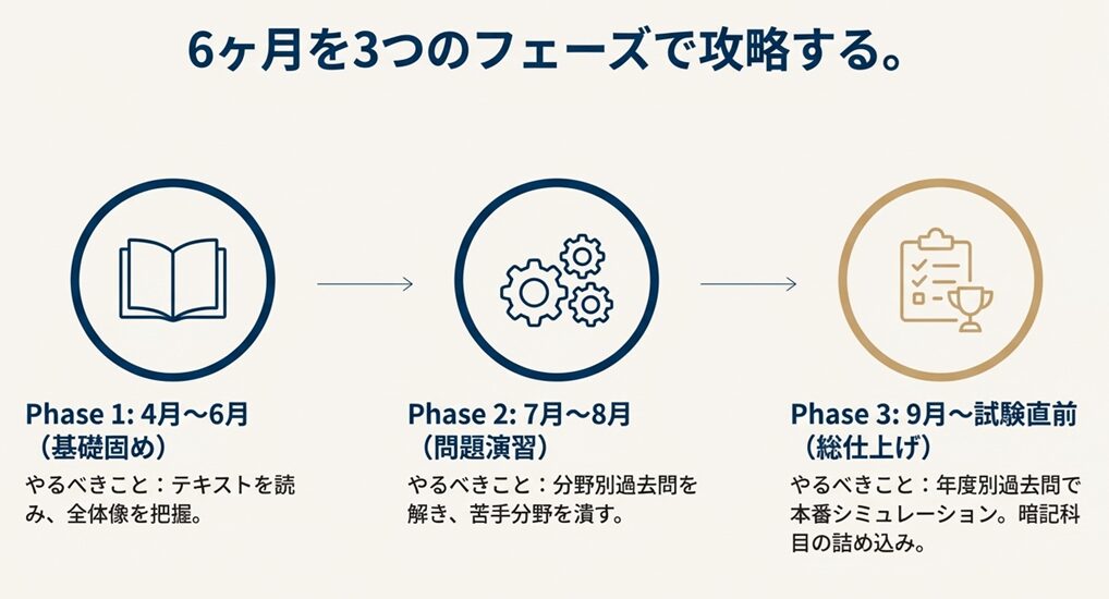 Phase1(4-6月基礎固め)、Phase2(7-8月問題演習)、Phase3(9月-試験直前総仕上げ)の3段階の流れを示す図