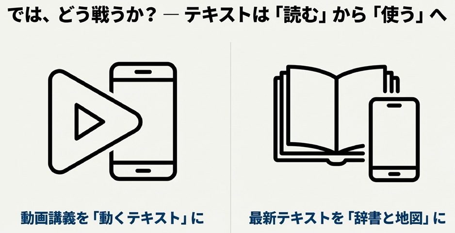 動画講義を動くテキストとして使い、最新テキストを辞書と地図として使う、新しい学習スタイルの提案イラスト