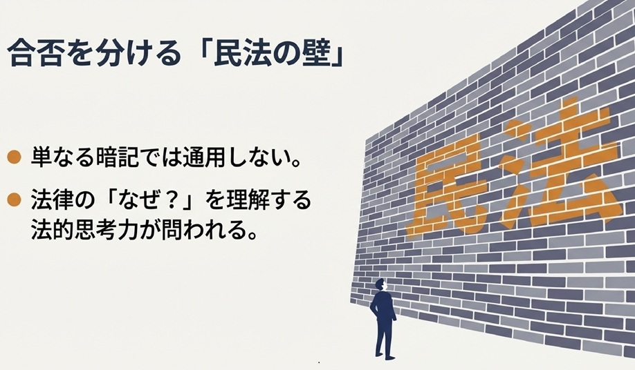 合否を分ける「民法の壁」。単なる暗記では通用しない。法律の「なぜ?」を理解する法的思考力が問われる