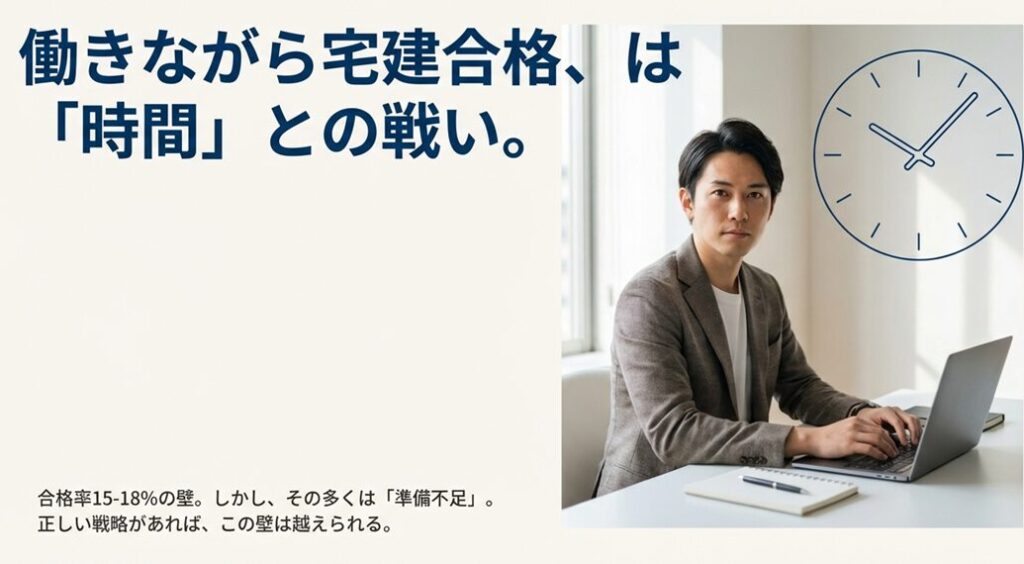 「働きながら宅建合格、は『時間』との戦い。」というキャッチコピーと、デスクでパソコンに向かう男性の写真