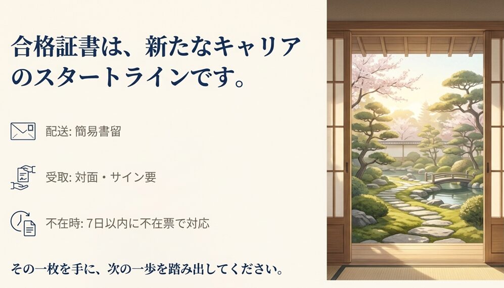 「合格証書は、新たなキャリアのスタートラインです。」というメッセージと、縁側から見える日本庭園の風景イラスト