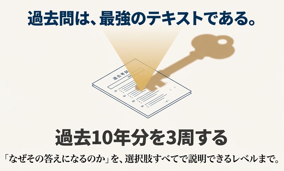 過去問集に鍵が挿さっているイラスト。「過去問は、最強のテキストである。」というメッセージと「過去10年分を3周する」という目標
