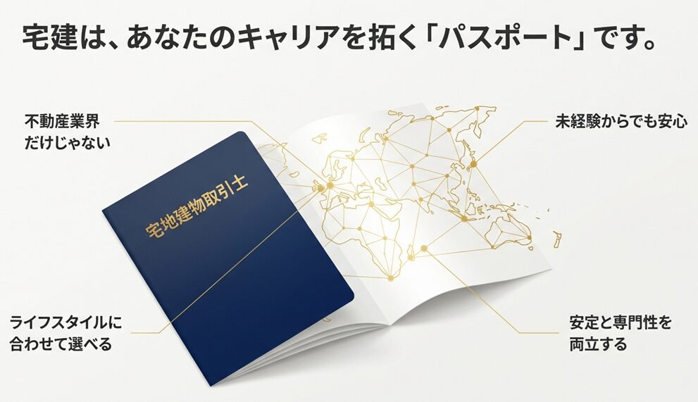 宅建士証と世界地図のイメージ。未経験や不動産業界以外でも宅建が活かせる仕事につながることを表現