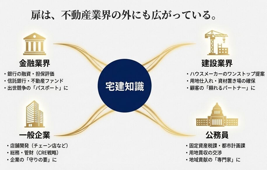 金融、建設、一般企業、公務員など、不動産業界以外で宅建知識が活かせる仕事の相関図