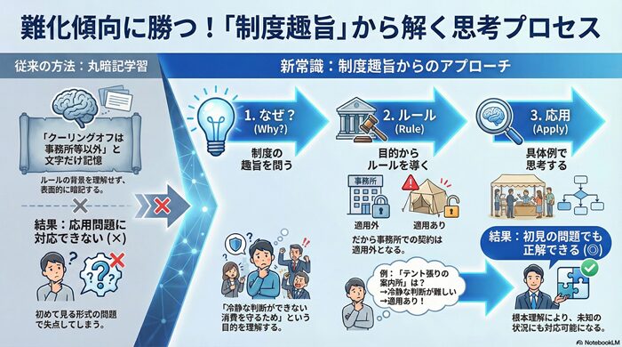 宅建の難化傾向に対応する学習法の図解。単なる丸暗記ではなく、制度趣旨(法の目的)を理解することで、未知の応用問題にも正解できる思考プロセスを示したイラスト。