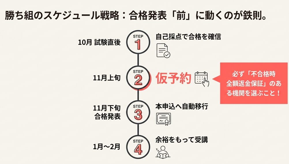 10月の試験直後から仮予約、合格発表、受講までの理想的なスケジュールを示したフローチャート