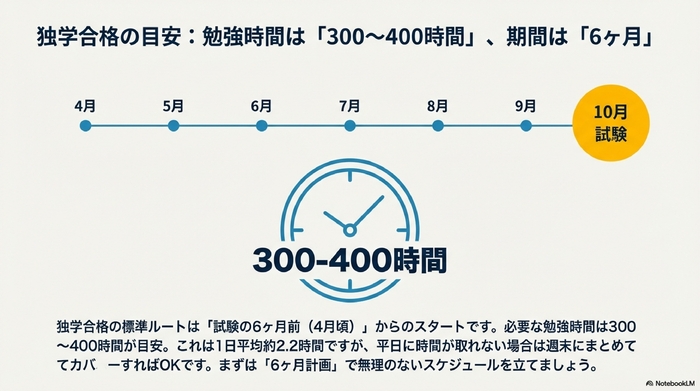 4月から10月までの6ヶ月間のカレンダーと、学習時間の目安を示す時計のイラスト