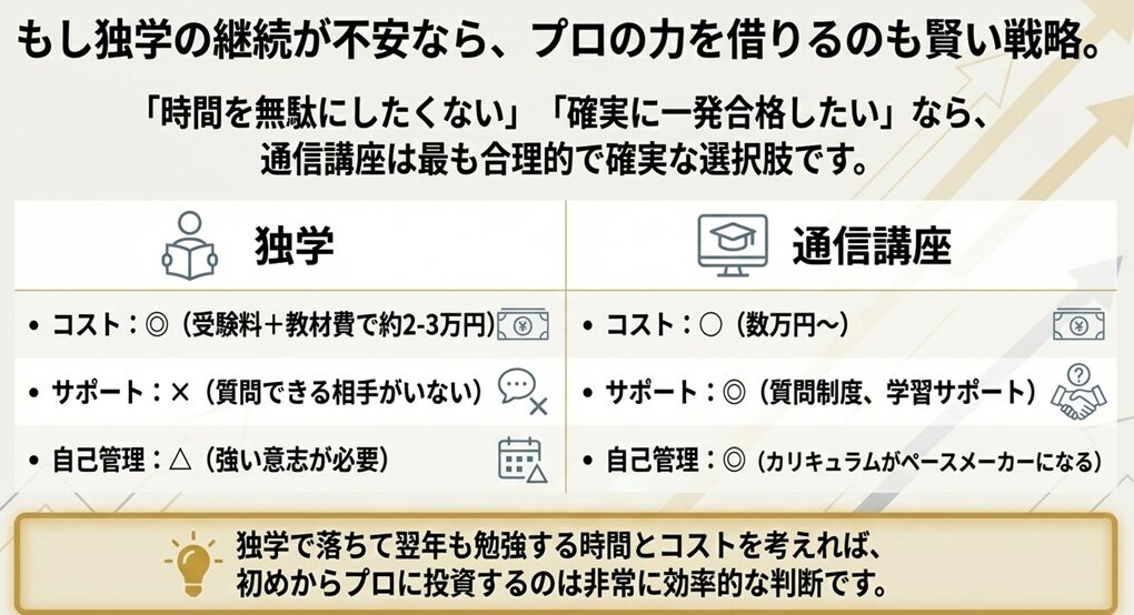 独学と通信講座をコスト、サポート、自己管理の観点から比較し、通信講座が合理的で確実な選択肢であることを提示したスライド