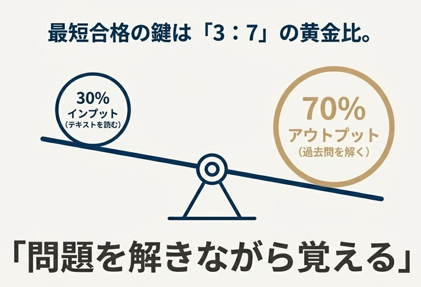 シーソーのイラストで、インプット30%に対しアウトプット70%の方に重きが置かれていることを示す図。「問題を解きながら覚える」というメッセージ