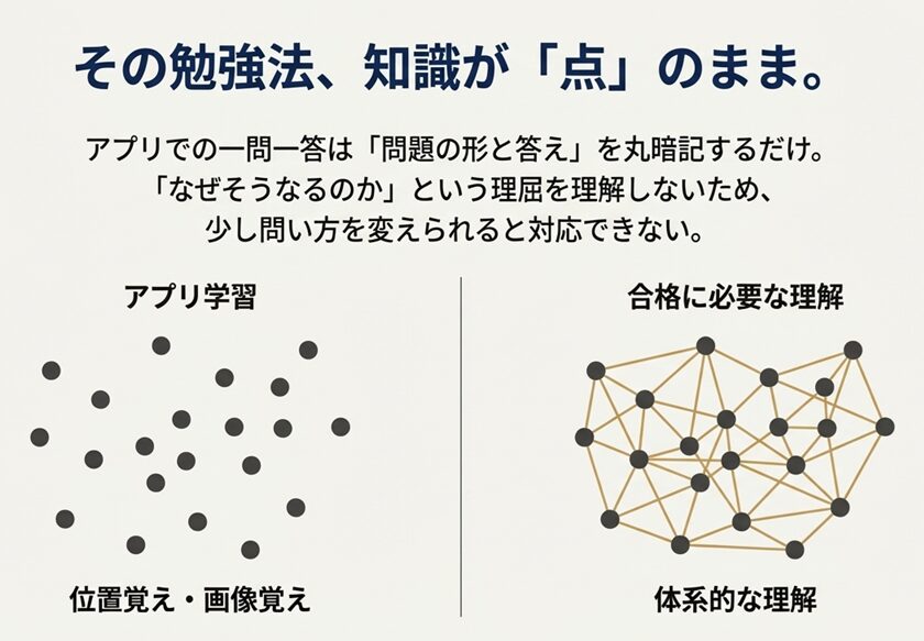 アプリ学習による断片的な点の知識と、合格に必要な体系的に結びついた知識のネットワークを比較した図