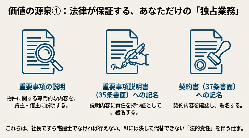 宅建士の独占業務(重要事項説明、35条書面記名、37条書面記名)の図解