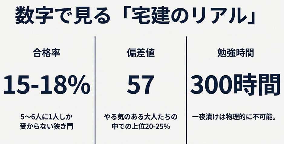 数字で見る「宅建のリアル」。合格率15-18%、偏差値57、勉強時間300時間