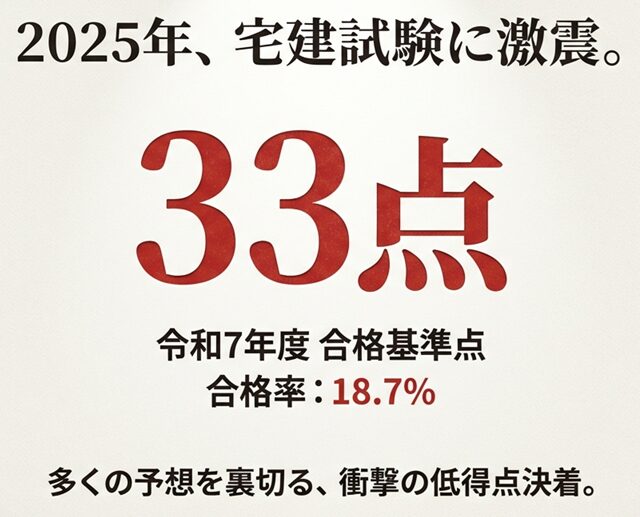 2025年(令和7年度)宅建試験の合格基準点は33点、合格率は18.7%。予想を裏切る衝撃の低得点決着となった結果詳細
