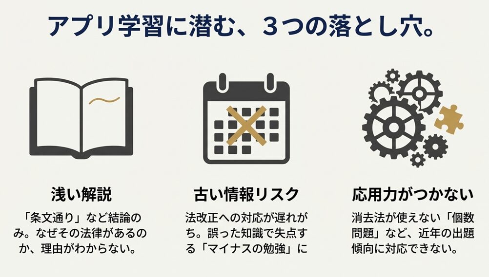 アプリ学習の落とし穴として「浅い解説」「古い情報リスク」「応用力がつかない」の3点をアイコン付きで解説した図
