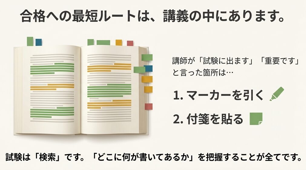 「合格への最短ルートは、講義の中にあります。」という文字と、テキストにマーカーを引き付箋を貼る手順を示すイラスト