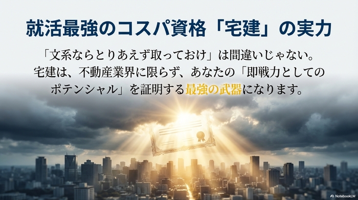 自信を持って就活に臨むスーツ姿の大学生と、宅建資格のメリットを示すキーワードのイラスト