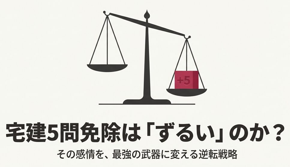 天秤に乗せられた5問免除の重みと、それを覆すための逆転戦略を示すイラスト