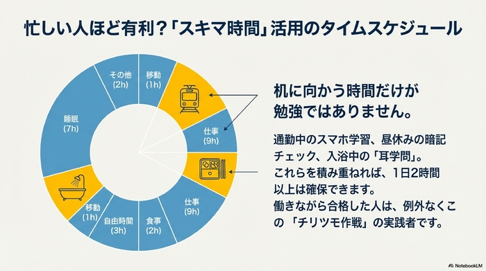 通勤や休憩時間などのスキマ時間を活用して勉強時間を確保する、社会人の1日のスケジュール円グラフ