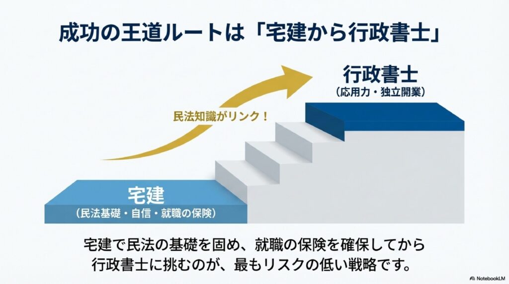 宅建を取得してから行政書士を目指すステップアップ構造を示した階段のイラスト