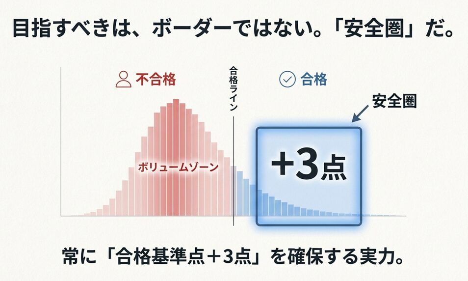 目指すべきはボーダーではなく安全圏。得点分布のボリュームゾーンを抜け出し、常に「合格基準点+3点」を確保する実力の重要性