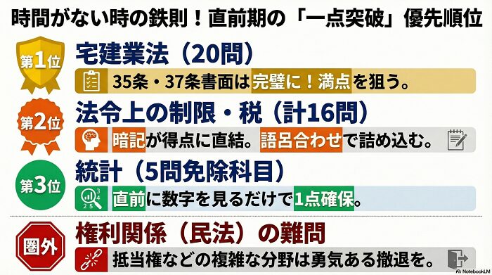 宅建試験直前期の学習優先順位ピラミッド。1位は宅建業法、2位は法令上の制限、3位は統計、圏外として権利関係の難問を配置し、効率的な得点戦略を図解