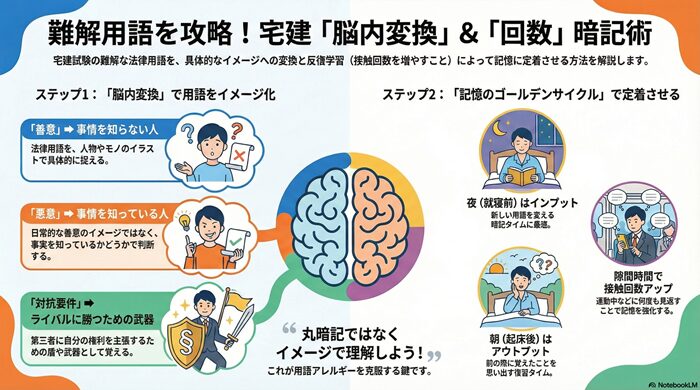 宅建用語の暗記テクニック図解。善意・悪意などの法律用語を日常的なイメージに変換する例と、就寝前後の復習サイクルによる記憶定着法を示したイラスト。