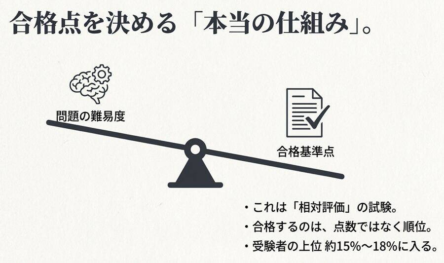 合格点を決める本当の仕組み。問題の難易度と合格基準点のバランス。点数ではなく上位約15%〜18%に入る順位で決まる相対評価試験