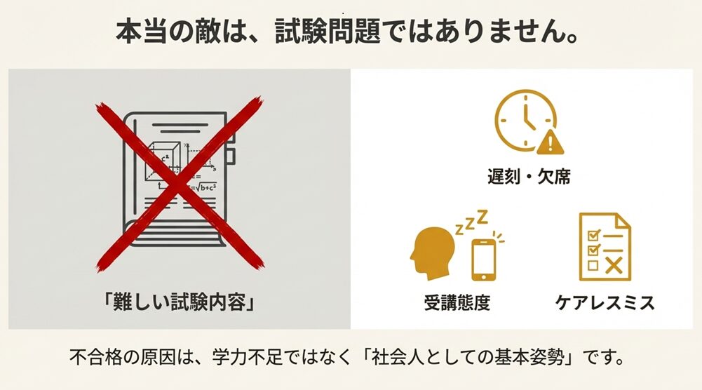 本当の敵は試験問題ではなく、社会人としての基本姿勢であることを示す図