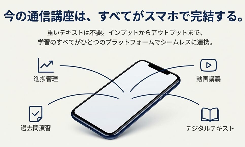 スマホを中心に進捗管理、動画講義、デジタルテキスト、過去問演習が連携している様子を示した図