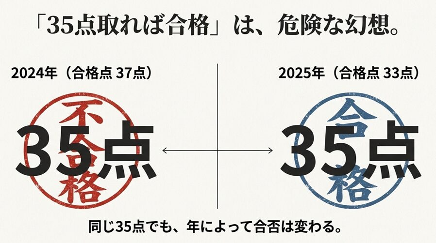 2024年(37点合格)と2025年(33点合格)の比較図。同じ35点でも年度によって合否が変わるため「35点取れば合格」は危険な幻想である。