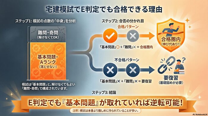 宅建模試でE判定でも合格できる理由の図解。模試に含まれる難問は解けなくても問題なく、基本問題(Aランク)が正解できていれば合格圏内であることを示す比較図。
