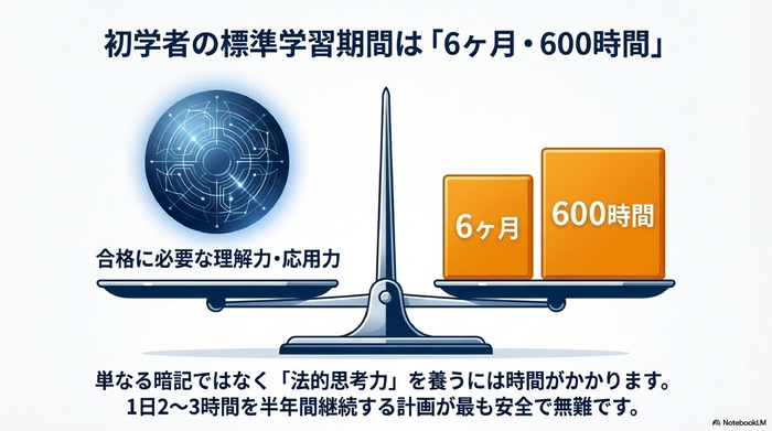 合格に必要な実力と、それを習得するために必要な600時間という学習時間のバランスを示した天秤の図。