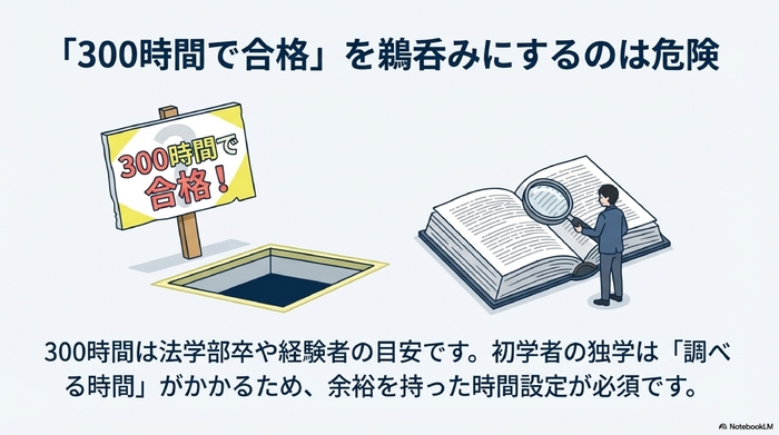 300時間で合格という情報の裏にあるリスクと、調べ物に時間がかかる初学者の様子を描いたイラスト。
