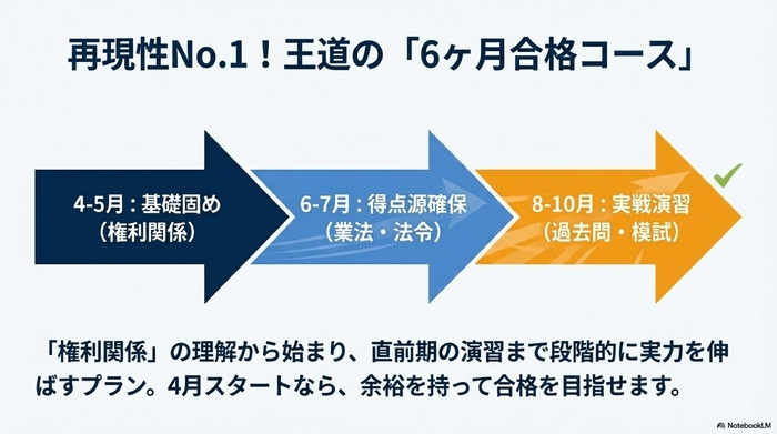 4月から10月の試験日までの6ヶ月間の学習スケジュール表。時期ごとの重点科目が記載されている。