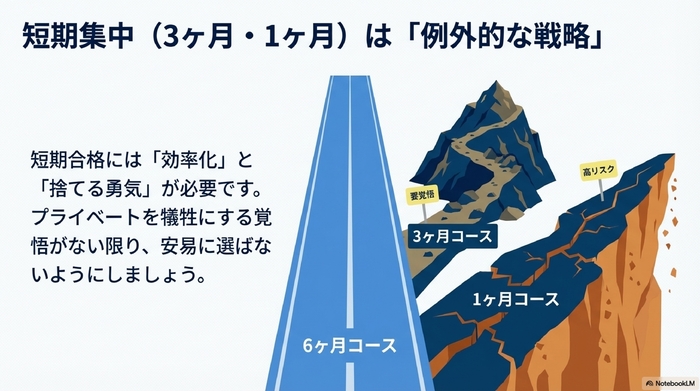 学習期間ごとの難易度を道の険しさで表現したイラスト。期間が短いほど道が険しく危険になっている。