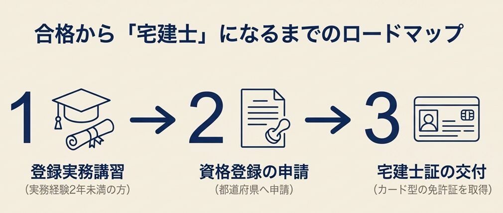 1.登録実務講習、2.資格登録の申請、3.宅建士証の交付という流れを示したロードマップ図