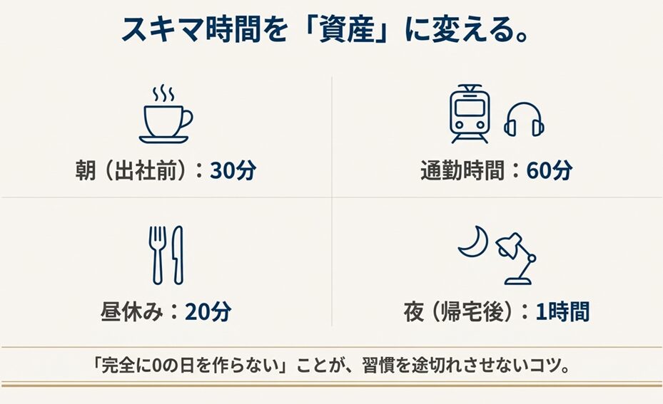 朝30分、通勤60分、昼休み20分、夜1時間というアイコン付きのスキマ時間配分図。「スキマ時間を資産に変える」というメッセージ