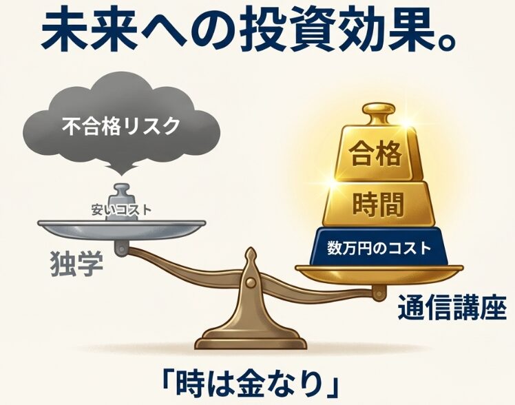 独学と宅建通信講座の比較図解。通信講座は費用がかかるが、理解スピードが速く合格の可能性が高まるため、トータルでのコストパフォーマンスが良いことを示した天秤イラスト。