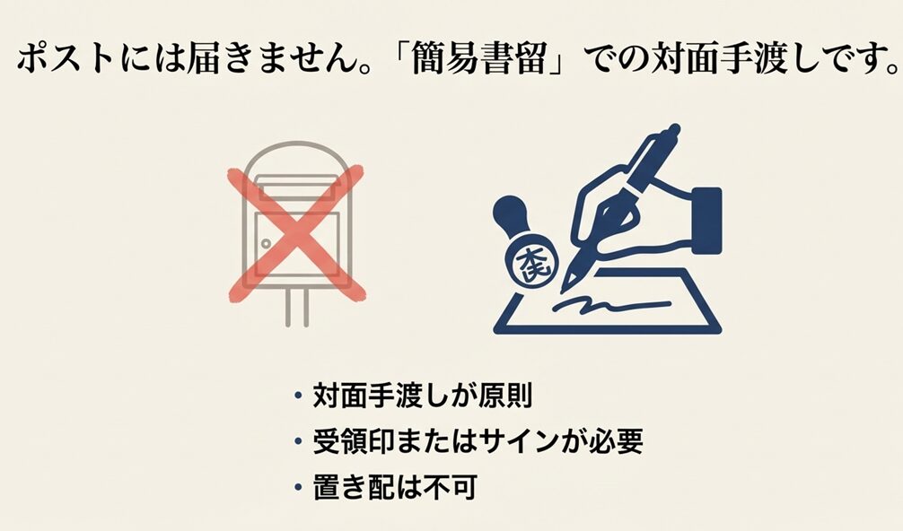 ポスト投函は不可(×印)で、対面での手渡しと受領印またはサインが必要であることを示すイラスト